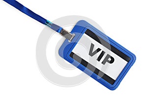 Blue vip badge isolated on white, top view