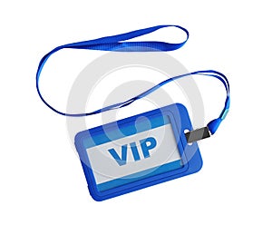 Blue vip badge isolated on white, top view