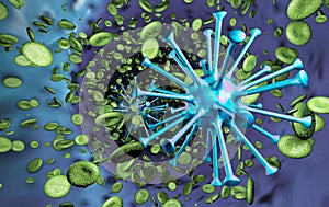 Blue Viral Cell Surrounded by Flowing Green Particles