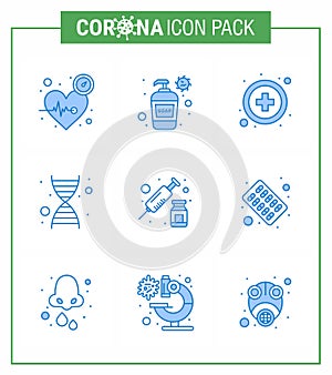 COVID19 corona virus contamination prevention. Blue icon 25 pack such as syringe, drugs, hand wash, genome, dna