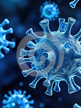A blue virus is shown in a close up