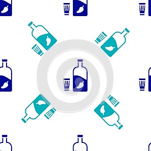 Blue Vodka with pepper and glass icon isolated seamless pattern on white background. Ukrainian national alcohol. Vector