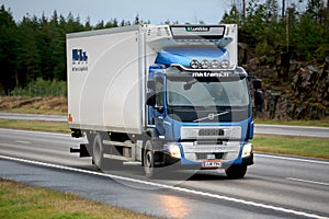 Blue Volvo FE Reefer Truck on Motorway