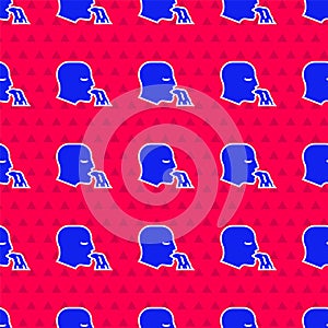 Blue Vomiting man icon isolated seamless pattern on red background. Symptom of disease, problem with health. Nausea
