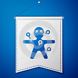 Blue Voodoo doll icon isolated on blue background. Happy Halloween party. White pennant template. Vector