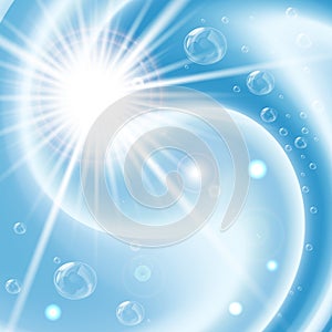 Blue vortex background with bubbles and flare