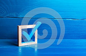 Blue voting tick. Checkbox. Choice and guarantee concept. Democratic elections for parliament or president. Rights and freedoms.