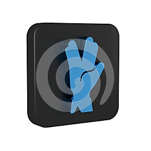Blue Vulcan salute icon isolated on transparent background. Hand with vulcan greet. Spock symbol. Black square button.