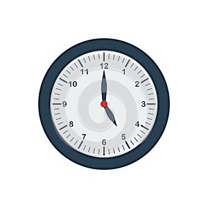 Blue wall clock icon in flat style. Five oclock. Office clock. Vector photo