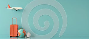 A blue wall with a suitcase, a globe and an airplane by AI generated image