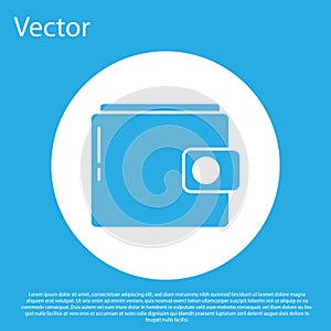 Blue Wallet icon isolated on blue background. Purse icon. Cash savings symbol. White circle button. Vector