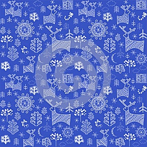Blue wallpaper for winter holidays with abstract pattern with reindeers, snowy trees and decorative sun silhouettes