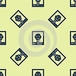 Blue Wanted poster icon isolated seamless pattern on yellow background. Reward money. Dead or alive crime outlaw. Vector