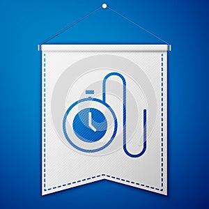 Blue Watch with a chain icon isolated on blue background. White pennant template. Vector