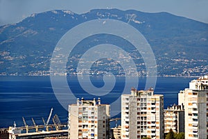 Blue water of Adriatic Sea and mountains in Rijeka city Croatia