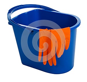 Blue water bucket and gloves