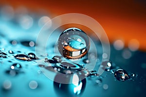 Blue Water drop falling, macro splash. Blue and orange colors. Generated AI
