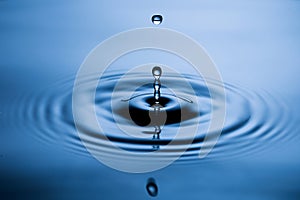 Blue Water drop falling, macro splash. Natural background