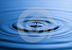 Blue Water drop falling, macro splash. Natural background