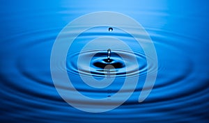 Blue Water drop falling, macro splash. Natural background