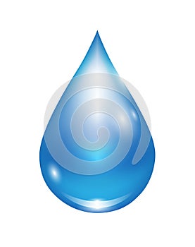 Blue water drop in light realistic vector illustration isolated on white