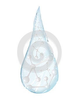 Blue water drop with molecules inside. 3d rendering.