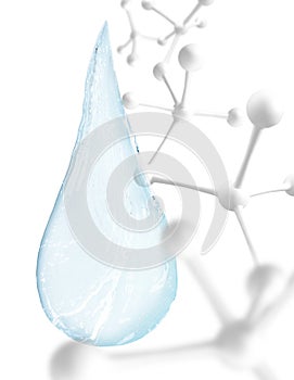 Blue water drop with molecules inside. 3d rendering.