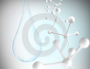 Blue water drop with molecules inside. 3d rendering.