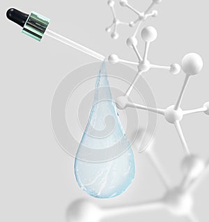 Blue water drop with molecules inside. 3d rendering.