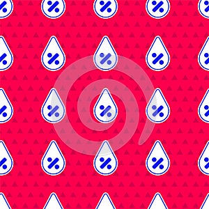 Blue Water drop percentage icon isolated seamless pattern on red background. Humidity analysis. Vector