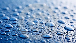 Blue water drops background selected focus on clear surface