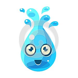 Blue Water Element With Splashes, Egg-Shaped Cute Fantastic Character With Big Eyes Vector Emoji Icon