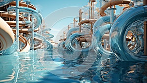 Blue water flows through pipeline, powering industry and nature generated by AI