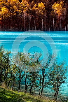 Blue water lake in the mountains landscape with autumn trees and clear water in Carpathian mountains Romania