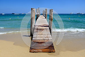 blue water of legendary Pampelonne beach near Saint-Tropez, summer vacation on French Riviera,