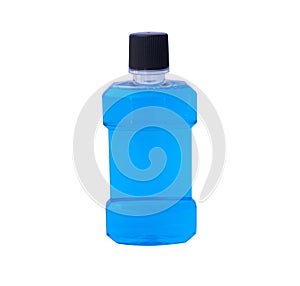 Blue water of mouthwash bottle isolate