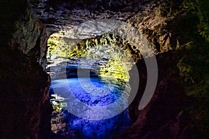 The blue water of Poco Encantado or Enchanted Well, in a cave at Itaete, Chapada Diamantina, Bahia, Brazil