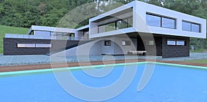 Blue water in the pool. Luxurious modern home. Finishing black and white brick. Terrace board. Natural paving stone. Concrete