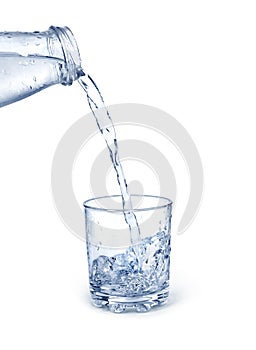 Blue water pouring from bottle into the glass