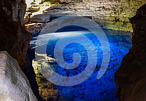 The blue water of PoÃÂ§o Encantado or Enchanted Well, in a cave of Chapada Diamantina National Park, Bahia, Brazil. photo