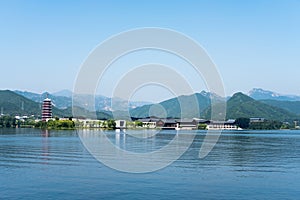 blue water and sky of Yanqi lake on beijing china