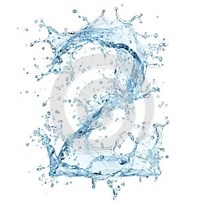Blue water splash alphabet isolated on white background. Stylized font, capital number 2. Text made of water splashes