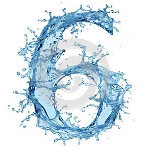Blue water splash alphabet isolated on white background. Stylized font, capital number 6. Text made of water splashes photo