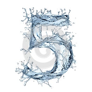 Blue water splash alphabet isolated on white. Spectacular number five and splash of clear water. Digital close-up on photo