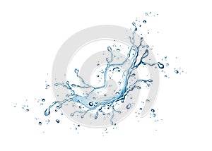 Blue water splash, bubbles and drops on white background.