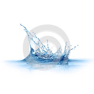 Blue water splash crown shape on water surface isolated on white background