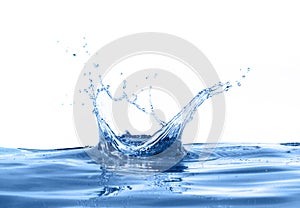 Blue water splash crown shape on water surface isolated on white