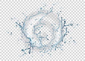 Blue water splash and drops isolated on transparent background.