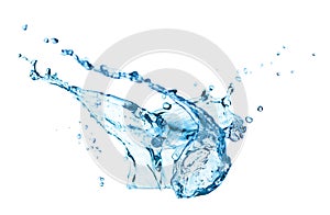 Blue water splash and drops on white background