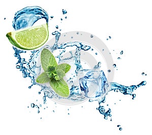 Blue water splash with lime and mint  on white background. 3d